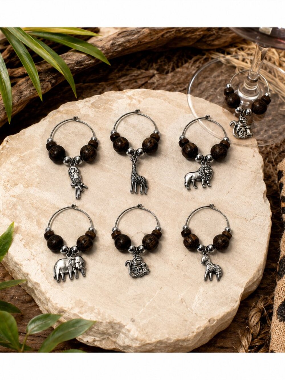 Safari Wine Glass Charms Set of 6 Jungle Animal Stem Markers
